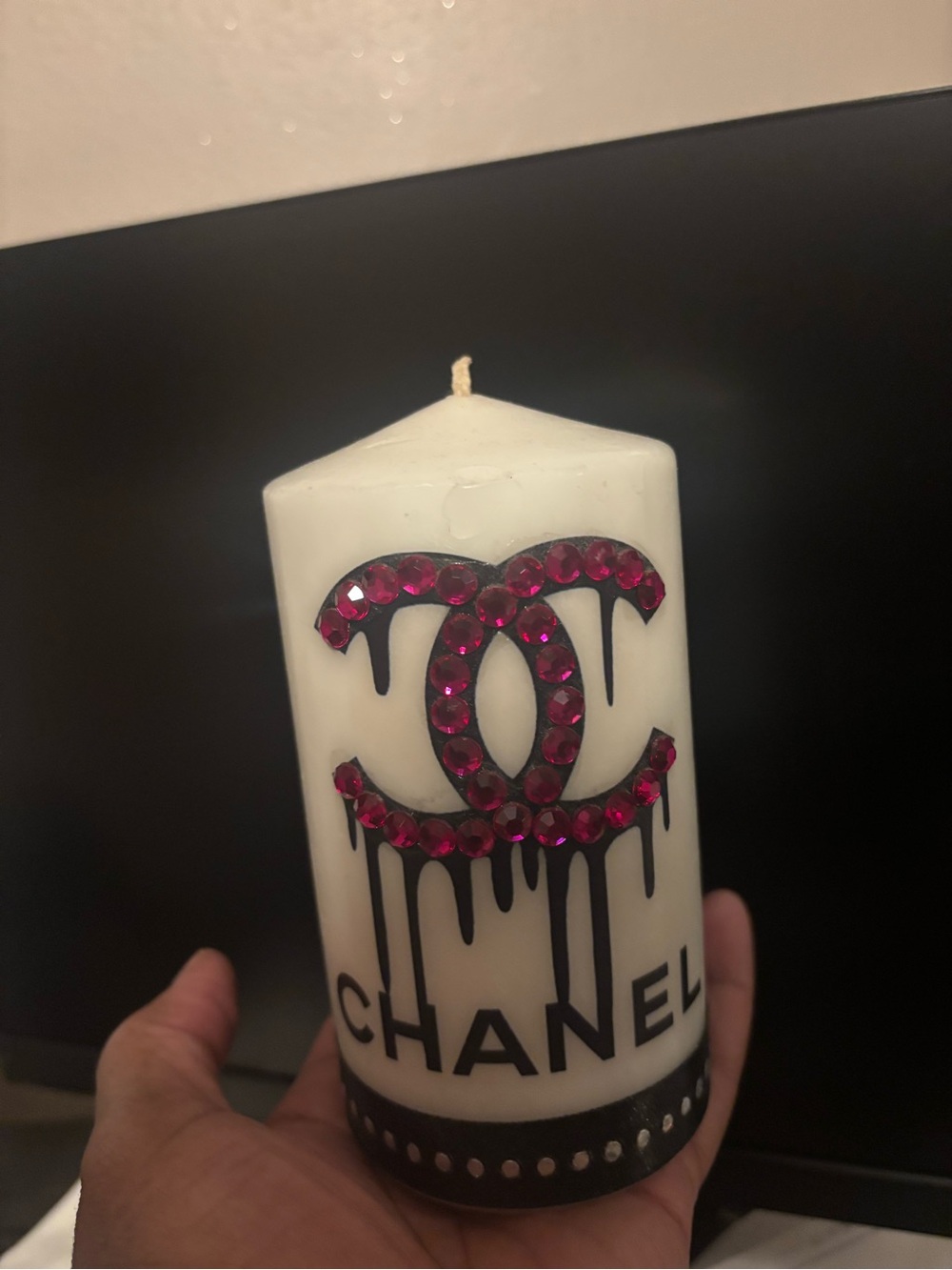 CHANEL White Decorative Pillar Candle with Pink Crystal Logo